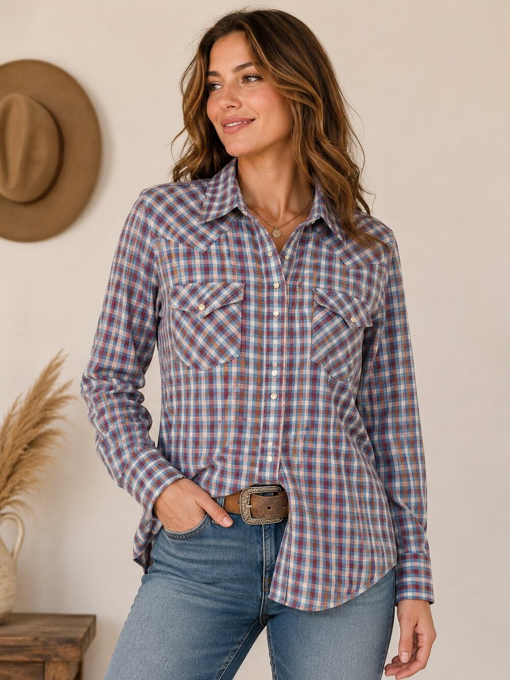 Wrangler Western Shirt Women's Large Blue Pink Plaid Pearl Snap Long Sleeve